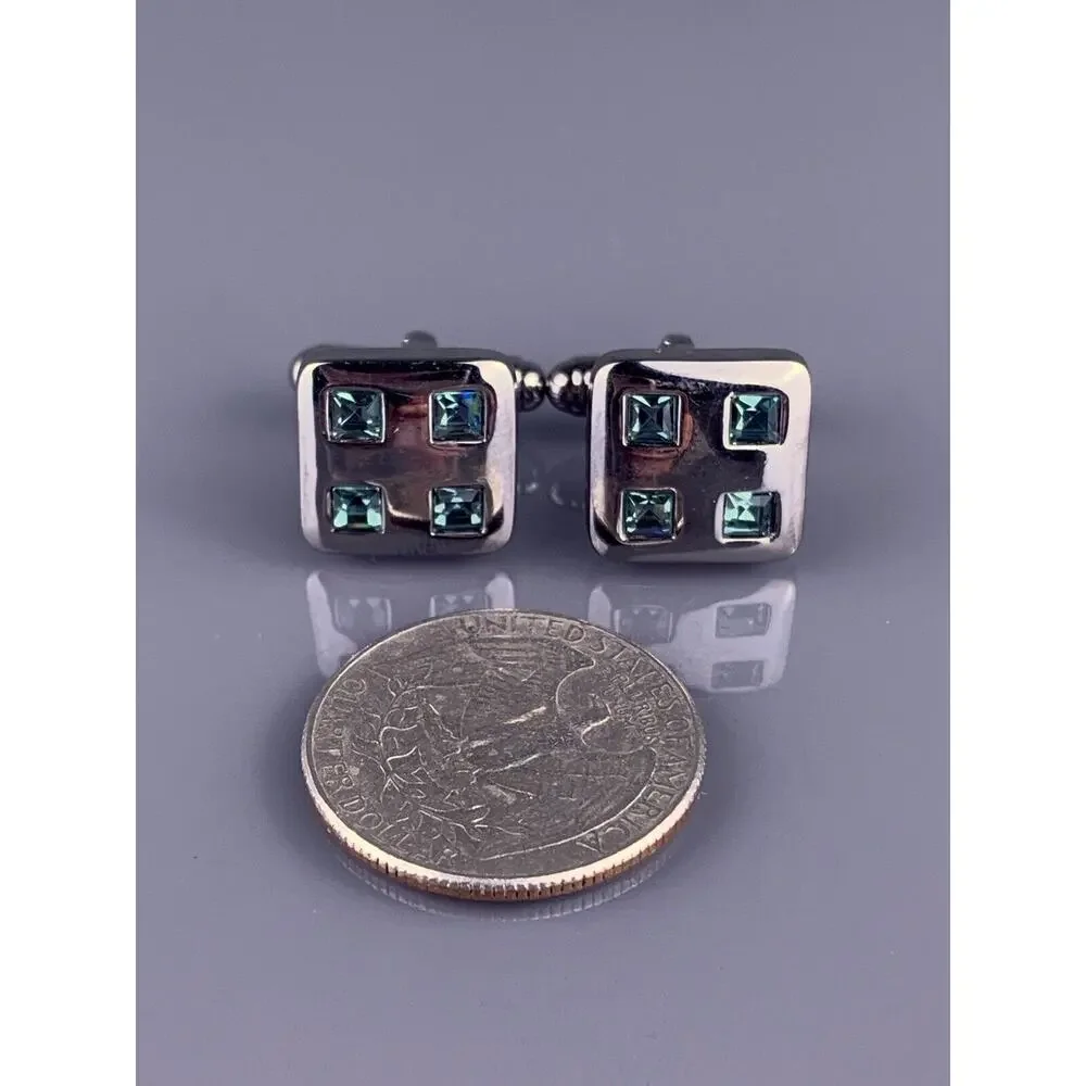 Teal Blue Swarovski Crystal Cufflinks Stainless Steel Small Square Vintage